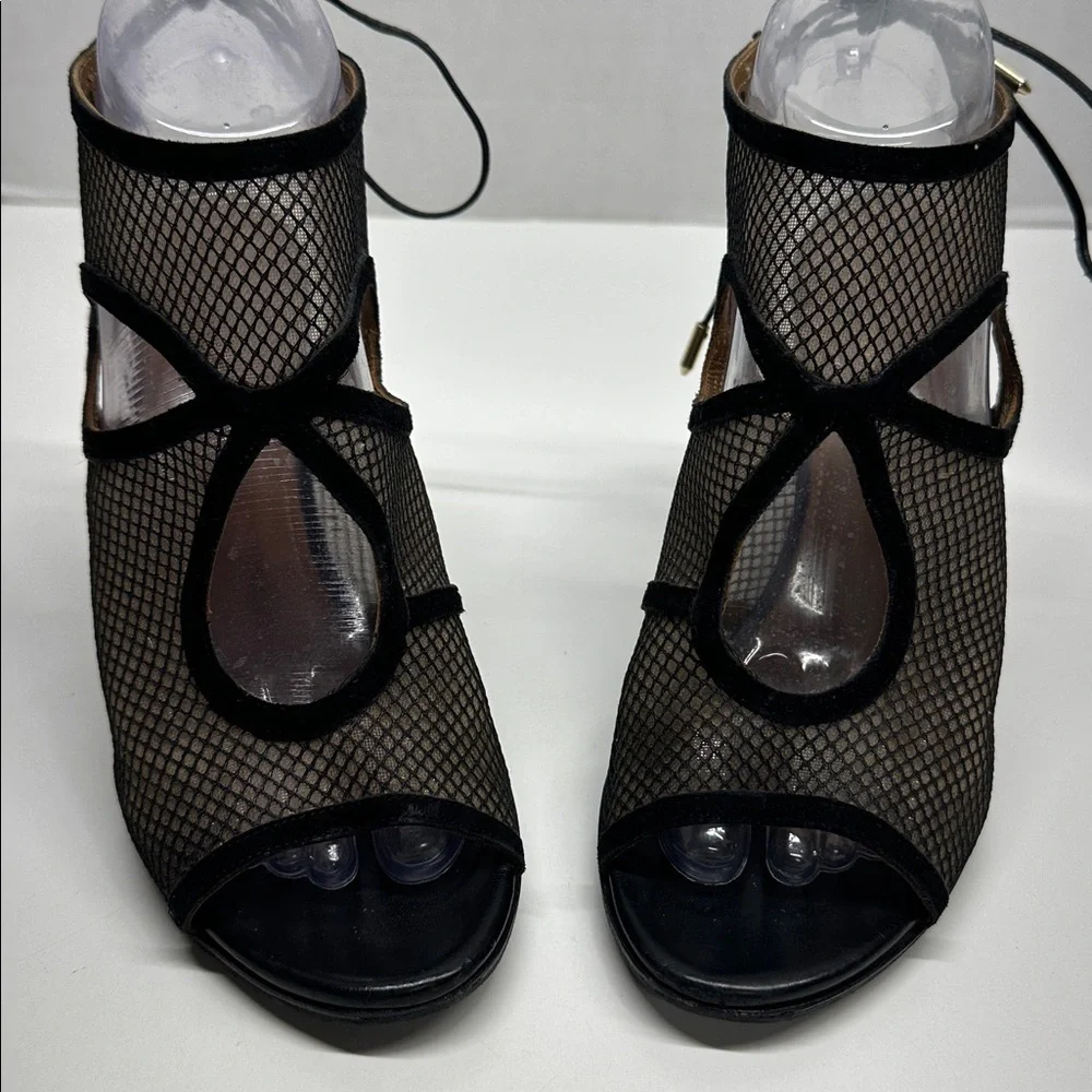 Aquazzura Sexy Thing Suede Wedges Heeled Sandals Open Toe Mesh Black Size 7.5